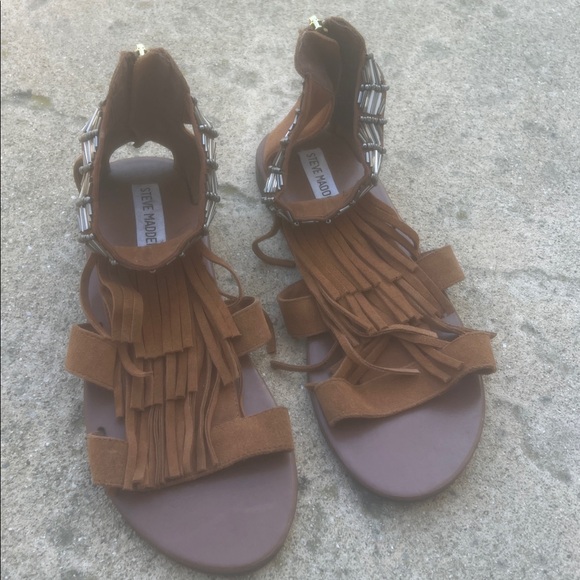 Steve Madden Giaani Brown Fringe Beaded Gladiator Zip Sandals Women's Size 8.5 - Picture 2 of 7